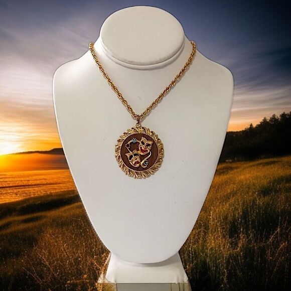 Vintage Comedy Tragedy Mask Necklace MCM Gold Tone Rhinestones Mardi Gras 70s - Picture 10 of 15